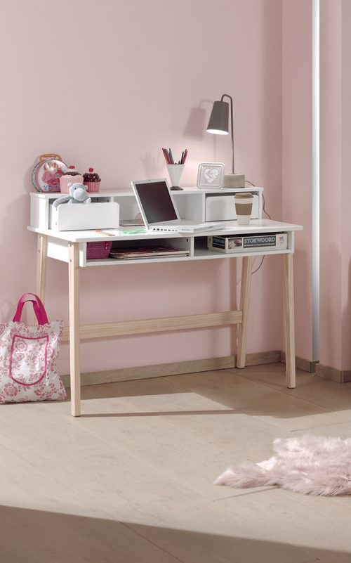 bureau avec tiroir et espace de rangement et passe câble