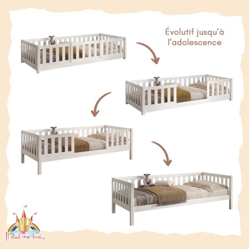 Lit enfant modulable 90x200 cm au sol 3 en 1 avec barrière de sécurité avant amovible MONTESSORI boutique de meuble de qualité pour enfant ile de la reunion 974