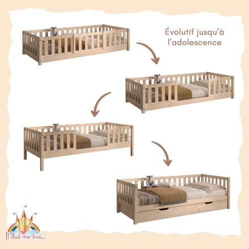 Lit enfant modulable 90x200 cm au sol 3 en 1 avec barrière de sécurité avant amovible MONTESSORI boutique de meuble de qualité pour enfant ile de la reunion 974