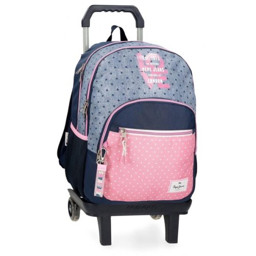 Sac à dos à roulettes pour école primaire cartable de qualité boutique pour enfant saint pierre ILE DE LA REUNION rentrée des classes écoles livraison 974 PEPE JEANS rose heart denim fille