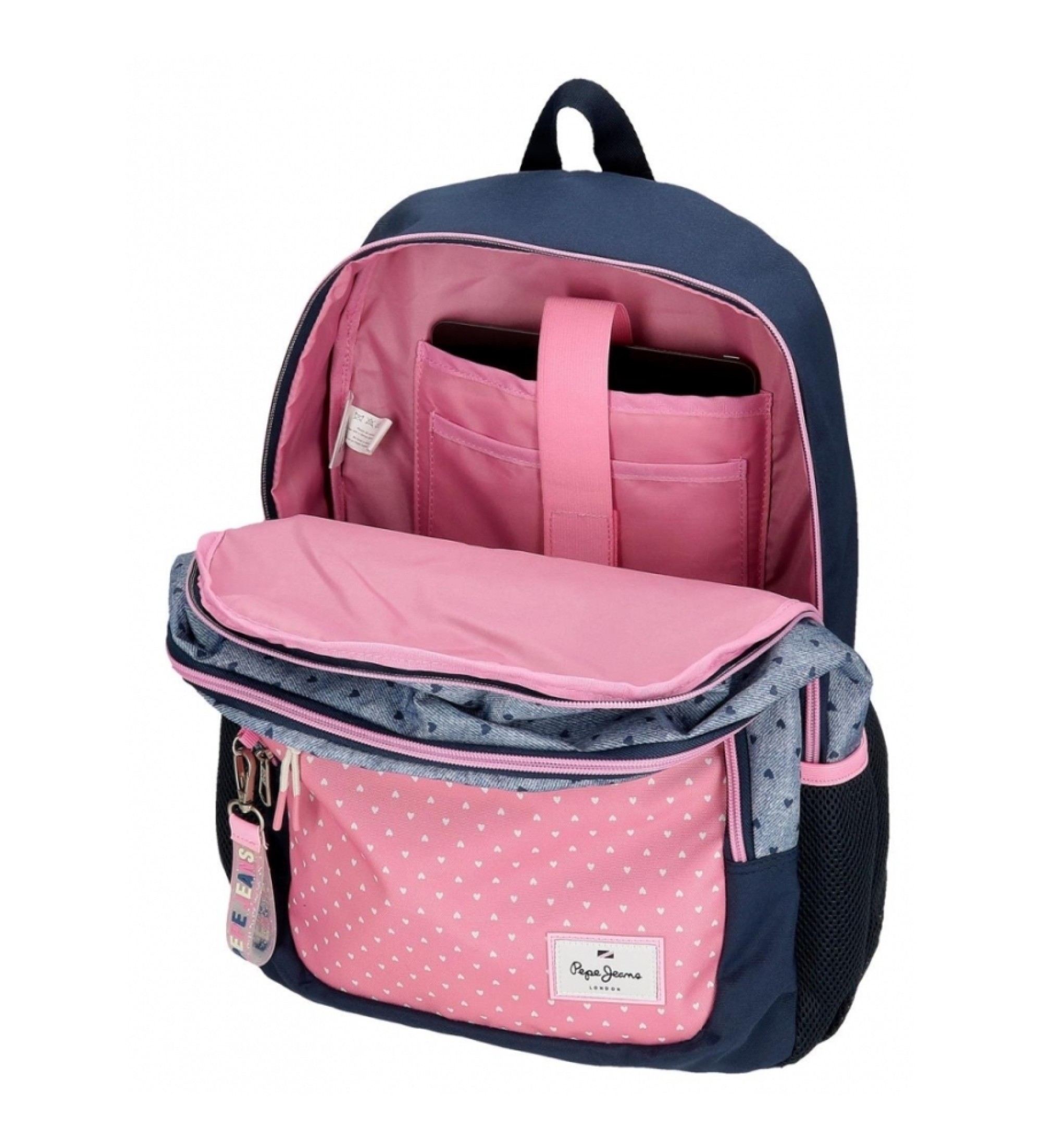 Sac à dos à roulettes pour école primaire cartable de qualité boutique pour enfant saint pierre ILE DE LA REUNION rentrée des classes écoles livraison 974 PEPE JEANS coeur rose bleu jeans fille