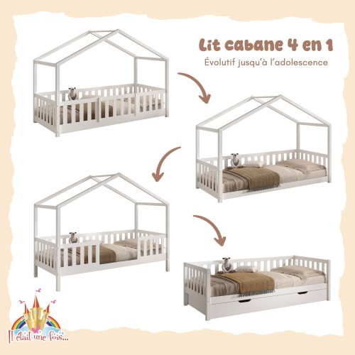 Lit Cabane Montessori modulable 90x200 avec barrières BLANC boutique meuble pour enfant écologique et durable en bois ile de la réunion 974