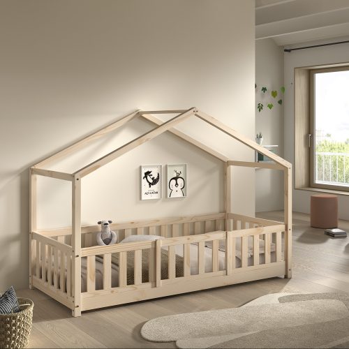 Lit Cabane Montessori modulable 90x200 avec barrières en bois massif de qualité écologique et durable boutique pour enfants ile de la réunion 974 bois naturel