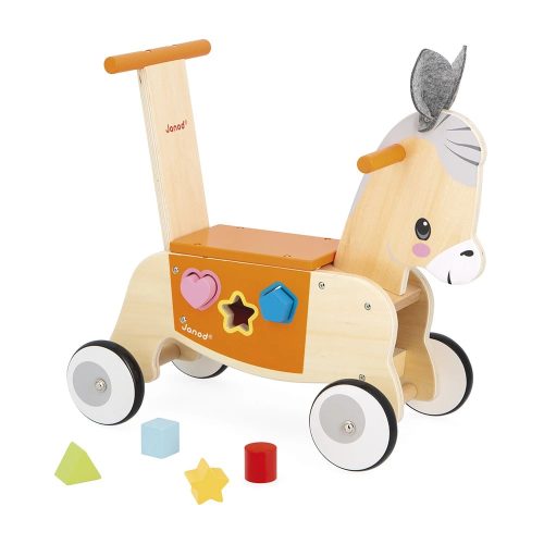 Porteur ane en bois chariot à pousser boite à forme jouet d'éveil montessori revendeur officiel JANOD magasin de jouets en bois à st pierre 97410 livraison LA REUNION 974 duparc 97438