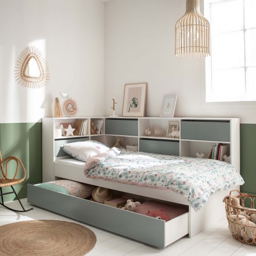 lit pour enfant et ado avec beaucoup de rangement avec tiroir original couleur vert et blanc