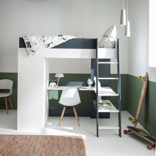 lit mezzanine pour enfant et ado avec rangement et bureau bleu et blanc