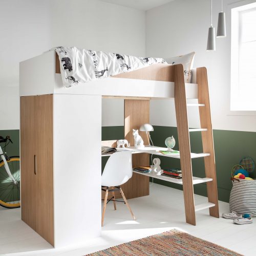 lit mezzanine pour enfant et ado avec armoire et bureau bois et blanc