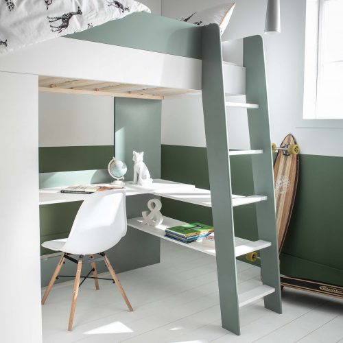 lit mezzanine pour enfant et ado avec bureau et armoire de rangement avec échelle