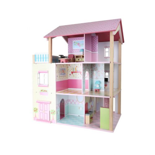 Accueil Maison de poupée Toit rose à 3 étages, tournante Maison de poupée en bois 3 étages