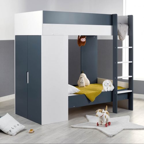 Lit superposé évolutif avec armoire OSLO Blanc/ Bleu Nuit concept store enfant ile de la réunion