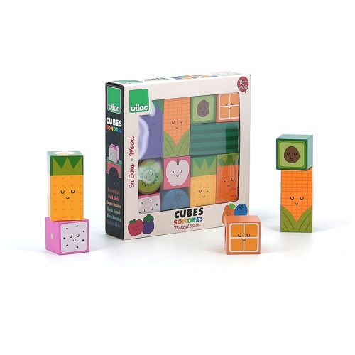 Cubes sonores en bois fruits et légumes revendeur VILAC magasin de jouets en bois à St Pierre 97410 livraison LA REUNION 974